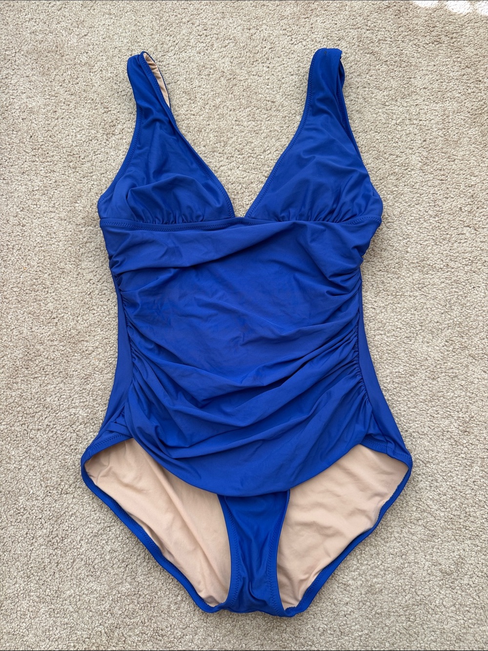 J. Crew V Neck Ruched Slimming Royal Blue Wireless One Piece Swimsuit Size 12